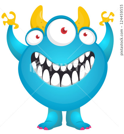Cartoon cute monster with funny excited face expression waving hands . Vector illustration isolated on white. Halloween design 124459555