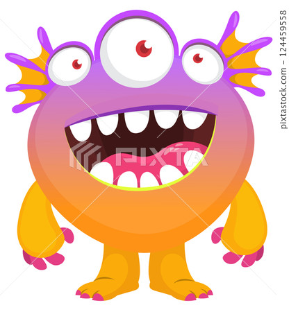 Cartoon cute monster with funny excited face expression waving hands . Vector illustration isolated on white. Halloween design 124459558