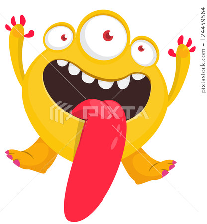 Cartoon happy monster with long tongue sticking out of mouth. Vector illustration isolated on white. Character For Halloween party or package design. 124459564