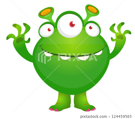 Cartoon cute monster with funny excited face expression waving hands . Vector illustration isolated on white. Halloween design Cartoon cute monster with funny excited face expression waving hands . Vector illustration isolated on white. Halloween design 124459565