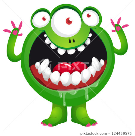 Cartoon cute monster with funny excited face expression waving hands . Vector illustration isolated on white. Halloween design Cartoon cute monster with funny excited face expression waving hands . Vector illustration isolated on white. Halloween design 124459575