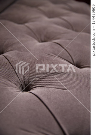 Grey upholstery of a very soft sofa with buttons made of thick fabric. Close-up Grey upholstery of a very soft sofa with buttons made of thick fabric. Close-up 124459609