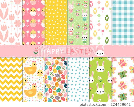 Seamless pattern vector set with cute Easter designs with bunnies, butterflies, hens, chickens and geometric shapes 124459641