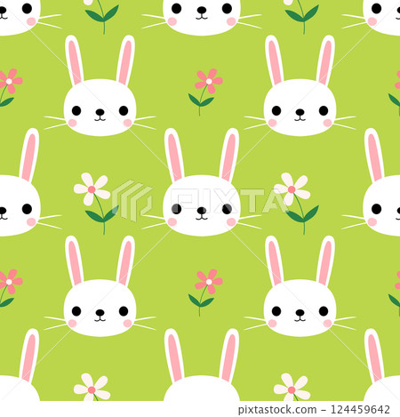 Cute seamless pattern with bunnies and flowers on green background for Easter and spring, for textile and paper Cute seamless pattern with bunnies and flowers on green background for Easter and spring, for textile and paper 124459642