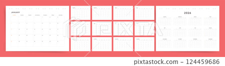 2026 Modern Calendar Layout. Sunday start corporate 2026 planner calendar for desk use. Clean and minimalist style. Professional English vector design. 124459686