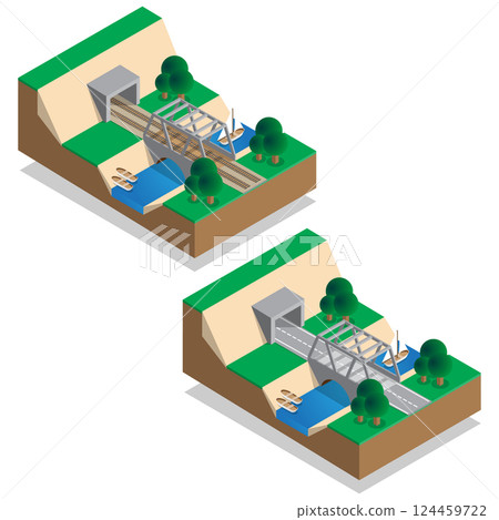 Rail and road bridges. Tunnels. Isometric. Vector illustration.  124459722