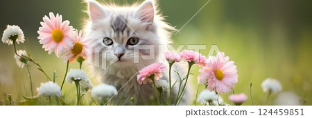 little cute fluffy white with ginger kitten in a flower bed 124459851