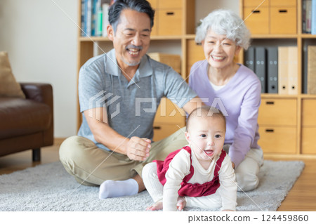 Grandparents and grandchildren together smiling Grandparents and grandchildren together smiling 124459860
