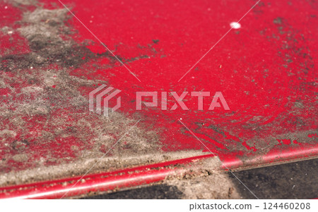 Dirt, mud, and dry pollen on roof of red car not washed for a long time, closeup detail photo Dirt, mud, and dry pollen on roof of red car not washed for a long time, closeup detail photo 124460208