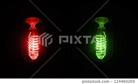 Retro looking light bulb glowing on dark background, bright wire visible in glass - red and green version, but colour can be changed with hue / saturation tool Retro looking light bulb glowing on dark background, bright wire visible in glass - red and green version, but colour can be changed with hue / saturation tool 124460269