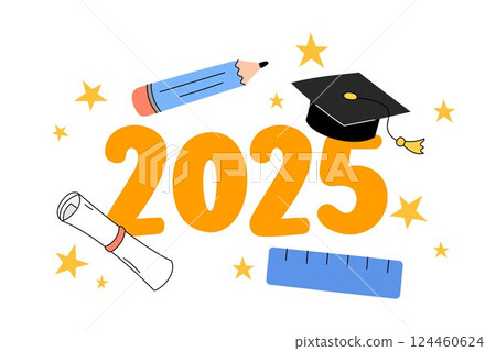 Graduation 2025 vector illustration. Grad class of 25 print for elementary or middle school students. Cute colorful design for grads with playful text and doodle kids elements 124460624