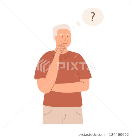 Elderly man experiencing confusion, memory loss, thinking with a puzzled expression and question mark. Alzheimer disease dementia concept. Male person solving problem, making decision. Vector. Elderly man experiencing confusion, memory loss, thinking with a puzzled expression and question mark. Alzheimer disease dementia concept. Male person solving problem, making decision. Vector. 124460632