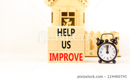 Help us improve symbol. Concept words Help us improve on beautiful wooden blocks. Beautiful white background. Black alarm clock. Business motivational help us improve concept. Copy space. Help us improve symbol. Concept words Help us improve on beautiful wooden blocks. Beautiful white background. Black alarm clock. Business motivational help us improve concept. Copy space. 124460745