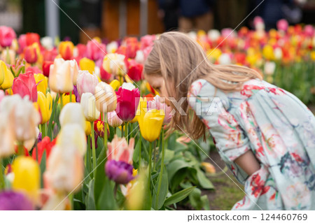 A girl smelling flowers girl in a park with the tulips field 124460769