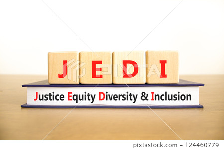 Justice equity diversity inclusion symbol. Concept words JEDI Justice Equity Diversity Inclusion on blocks. Beautiful white background. Business justice equity diversity inclusion concept. Copy space 124460779