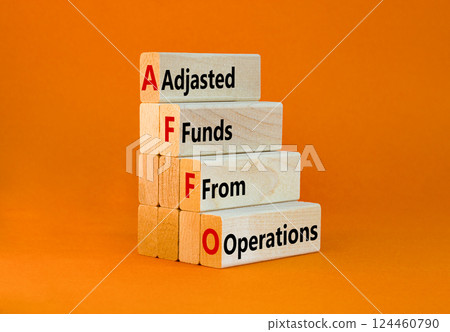 AFFO symbol. Concept word AFFO Adjusted Funds From Operations on beautiful wooden blocks. Beautiful orange background. Business AFFO Adjusted Funds From Operations concept. Copy space. 124460790