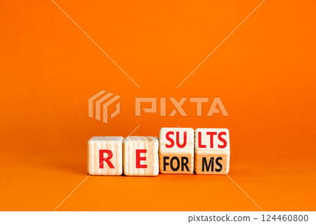 Reform and result symbol. Concept words Reforms Results on beautiful wooden block. Beautiful orange table orange background. Business Reforms and results concept. Copy space. 124460800
