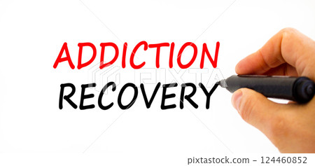 Addiction recovery symbol. Concept words Addiction recovery on beautiful white paper. Psychologist hand. Beautiful white paper background. Psychology addiction recovery concept. Copy space. 124460852