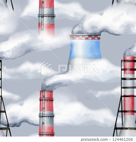 Chimneys factories watercolor seamless pattern isolated on grey. Environmental pollution concept with plant pipes and smoke background for global warming and heavy industry designs. Climate change 124461208