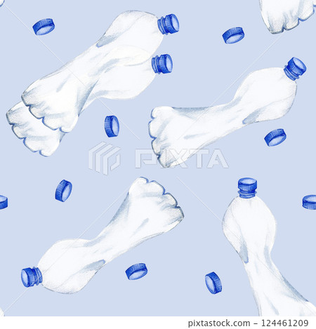 Plastic transparent bottle with caps seamless pattern isolated on blue. Watercolor hand drawn illustration for industry design, recycling and pollution articles. Environmental protection 124461209