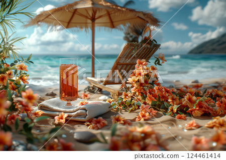AI-generated illustration of a serene beach picnic with a cocktail, lounge chair, and vibrant flowers. Ideal for travel themes, summer designs, or lifestyle blogs. 124461414