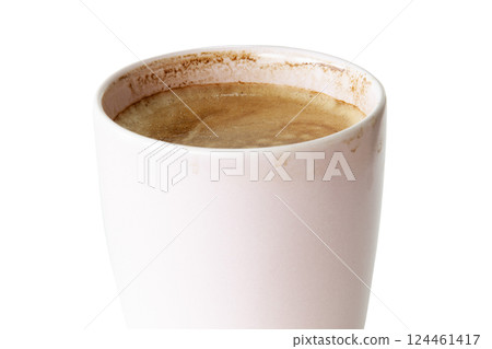 A close-up of a frothy cappuccino in a white ceramic mug. Rich, creamy texture and warm tones. Perfect for coffee shop branding, menus, food blogs, advertising and lifestyle visuals. No background. 124461417