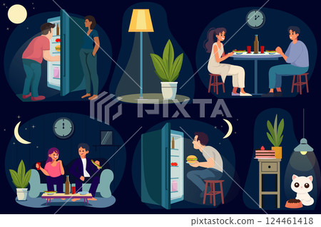 Vector set of night eating illustrations in EPS format. People enjoying late-night snacks in various scenarios. Ideal for food-related designs, lifestyle blogs, or social media. 124461418