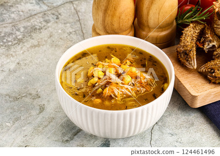 Hot Crab corn soup with vegetables 124461496