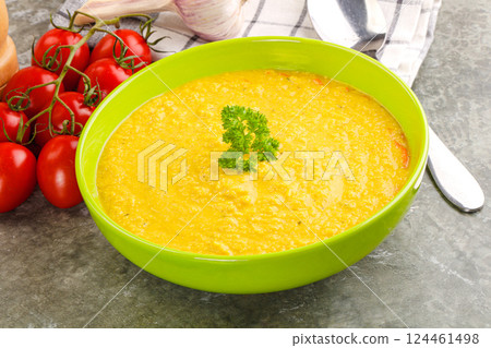Vegetarian corn cream soup served parsley Vegetarian corn cream soup served parsley 124461498