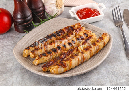 Grilled meat sausages wrapped bacon 124461522
