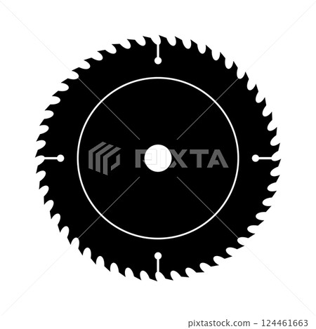 Circular Saw Blade Silhouette Vector Illustration. A black silhouette of a circular saw blade with sharp, evenly spaced teeth around its circumference. 124461663