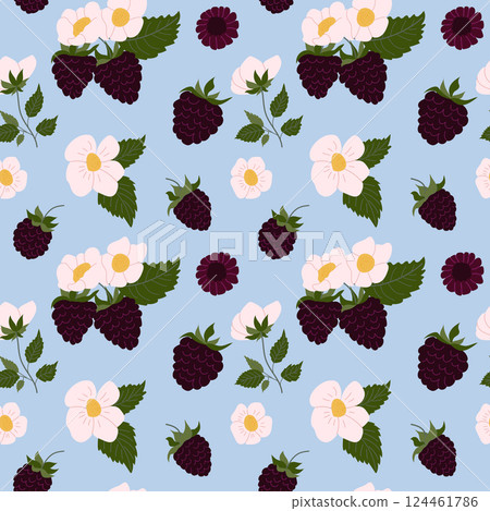 Bright floral pattern featuring blackberries and wildflowers on a light blue background 124461786