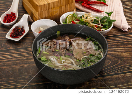 Vietnamese Pho Bo soup with beef and noodles Vietnamese Pho Bo soup with beef and noodles 124462073