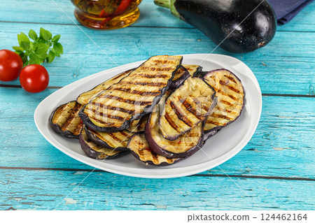 Grilled eggplant slices for snack Grilled eggplant slices for snack 124462164