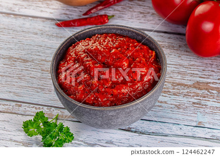 Bulgarian traditional lutenica pepper sauce 124462247