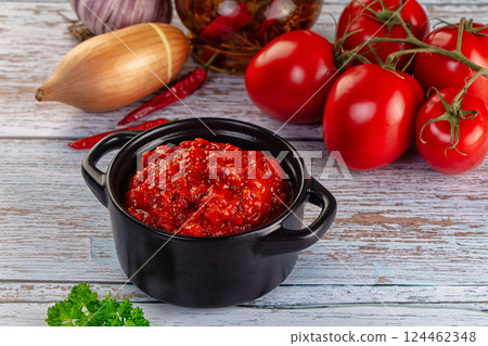 Bulgarian traditional lutenica pepper sauce Bulgarian traditional lutenica pepper sauce 124462348