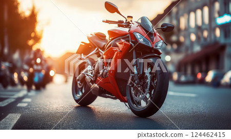 Red sport bike is parked on a modern city street in bright sunshine. Modern sport bike is standing on a blurred background. Makes for racing. Red sport bike is parked on a modern city street in bright sunshine. Modern sport bike is standing on a blurred background. Makes for racing. 124462415