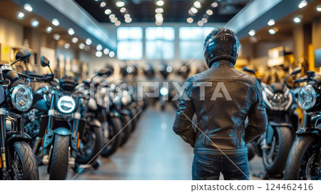 Customer in leather jacket and protective helmet in motorbike shop is picking out a new touring bikes. Back view. Touring bikes are ready for sale. 124462416