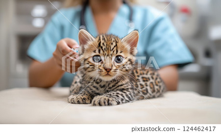 Pet vaccination. Nurse dressed in medical clothing with syringe injecting bengal kitten. Veterinary clinic advertisement concept. Animal clinic. 124462417