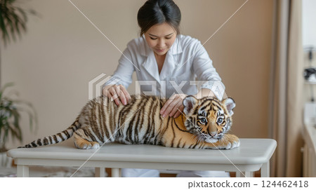 Asian female veterinarian doctor dressed in medical clothing is examining siberian or amur tiger cub. Veterinary clinic advertisement concept. 124462418