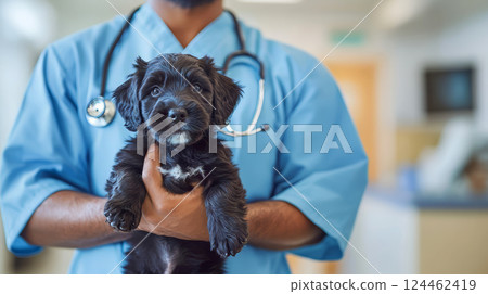African american veterinarian doctor in medical clothing is holding in his arms a cute black airedale terrier puppy which is looking at the camera. 124462419