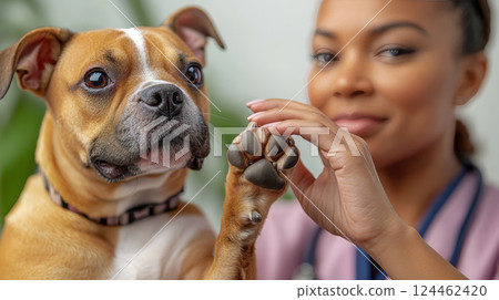 Veterinarian doctor dressed in medical clothing with stethoscope is examination the injured paw of a cute american staffordshire terrier puppy. 124462420