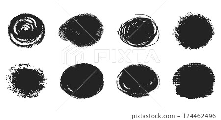 Scribble textured brush stroke ink or paint round splatter. Abstract grunge stain enso border, frame, hand drawn textured punk style asian design element 124462496