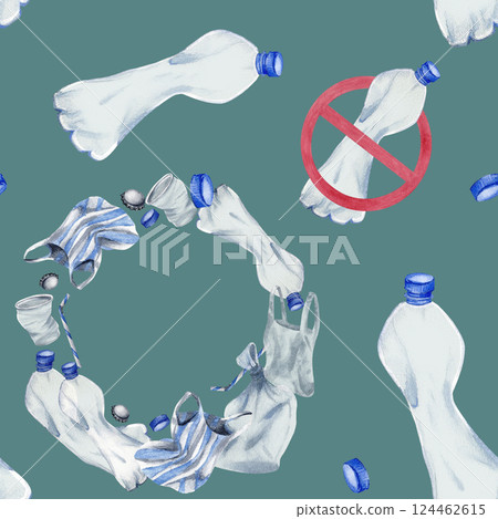 Plastic objects in circle frame and bottle crossed out with a red prohibition sign. Seamless pattern watercolor disposable cups, polythene bags isolated on green for recycling and pollution design 124462615