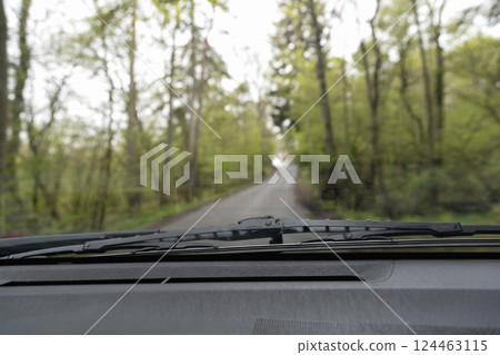 View from the front window of a car on a road in the forest 124463115