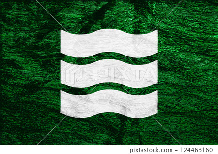 Official flag of Hiroshima. City in Japan. Conceptual collage on fabric texture 124463160
