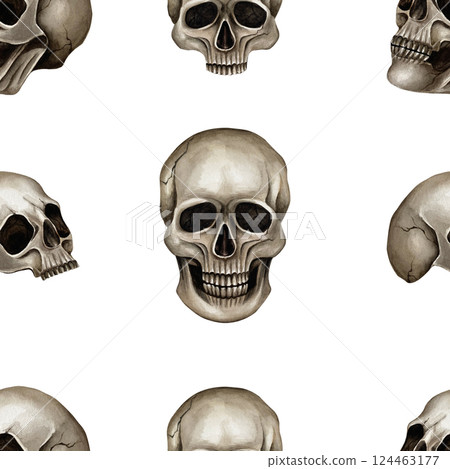 Skulls seamless pattern isolated watercolor illustration on white background. Hand drawn repeat for Halloween and Gothic style. For textile, wrapping paper, packaging, stationary, print product, card 124463177