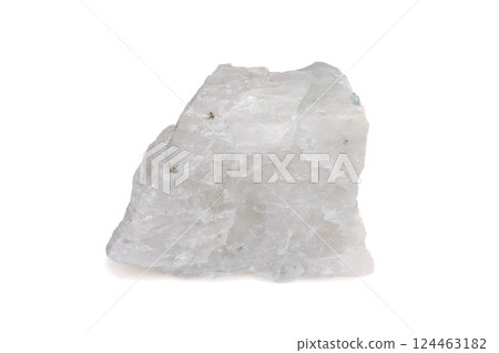 Isolated Raw Natural Moonstone Crystal Specimen with Soft White Translucent Appearance on Plain White Background 124463182