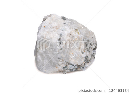 Natural Moonstone Mineral Specimen with White Crystal and Black Inclusions on White Background Natural Moonstone Mineral Specimen with White Crystal and Black Inclusions on White Background 124463184