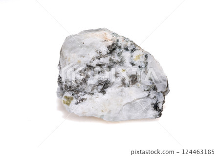Iridescent Moonstone Crystal Mineral Specimen with Black and Gray Inclusions on White Background 124463185